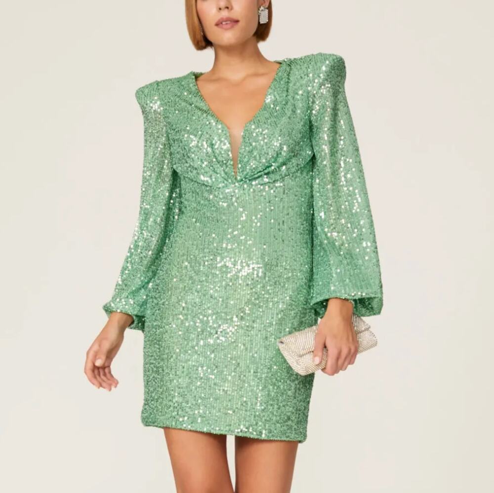 Mac Duggal Green Sequins Mini Cocktail Dress Size 6 Party Bodycon Designer $358